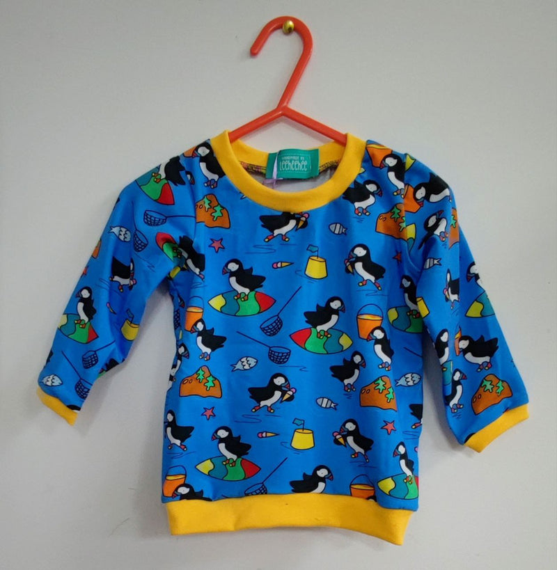 Long sleeved baby t-shirt - puffins at the seaside print (0-6 months or 6-12 months)