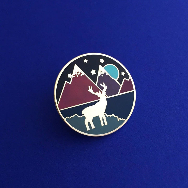 Stag and mountains enamel pin