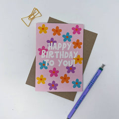 Happy birthday pink with flowers card
