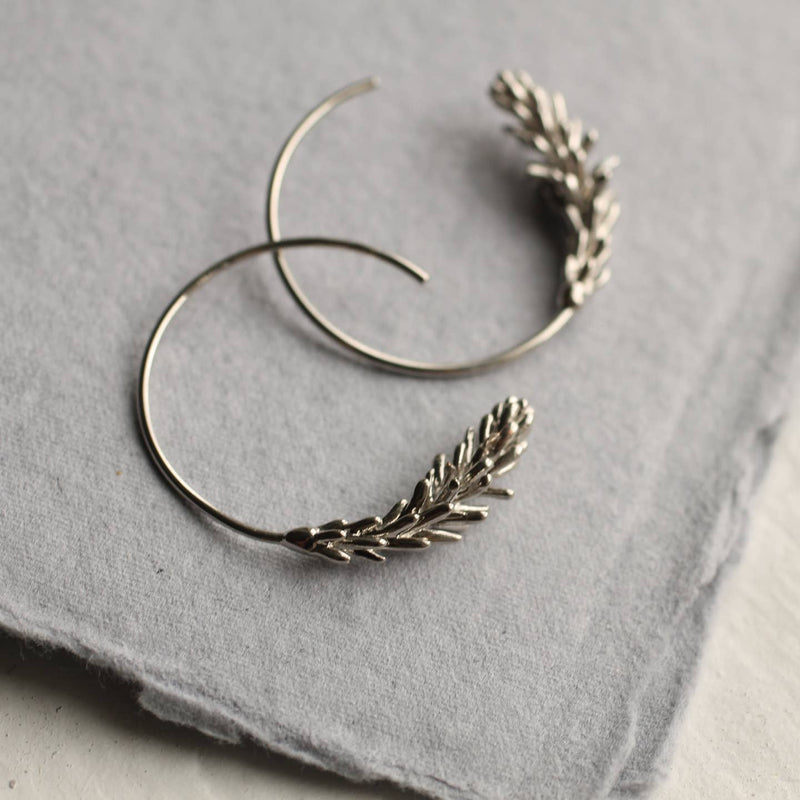 Rosemary Leaf plated brass hoop earrings - gold or silver