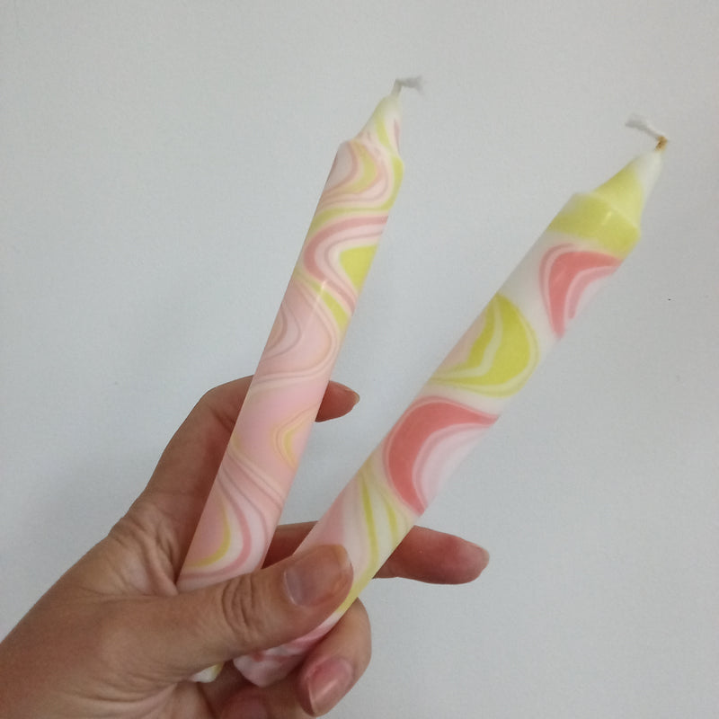 White, yellow & pink marbled dinner candles