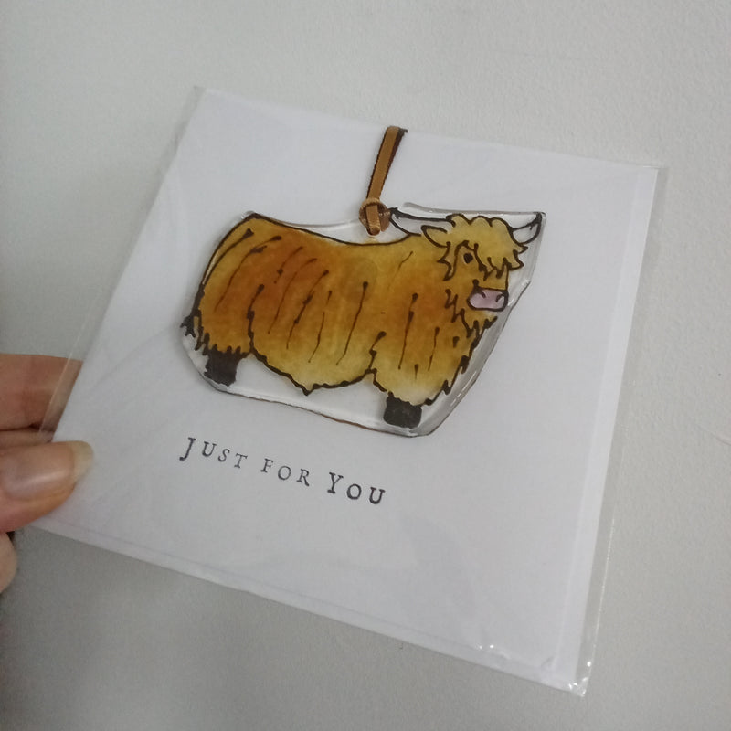 Fused glass Highland cow 'Just for You' card