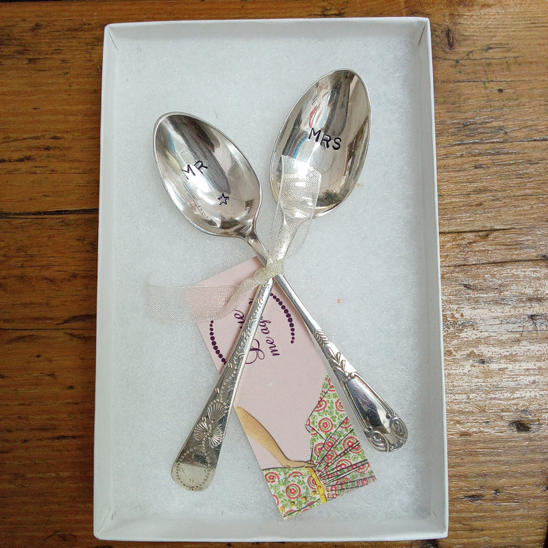 'Mr & Mrs' hand stamped vintage teaspoons boxed set