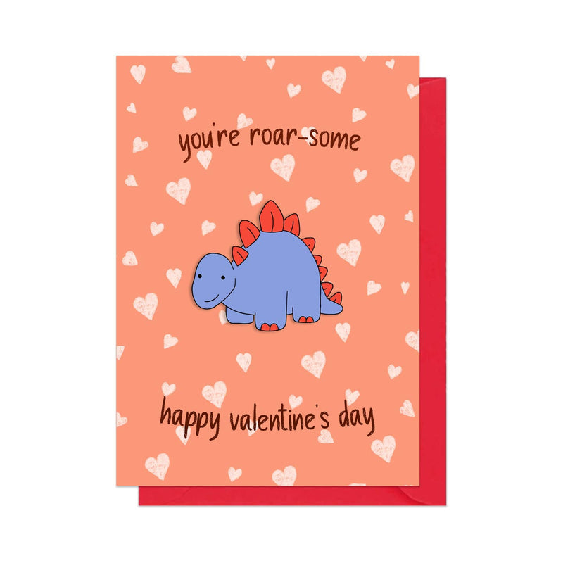 You're roar-some, happy valentine's day mini card with enamel pin badge