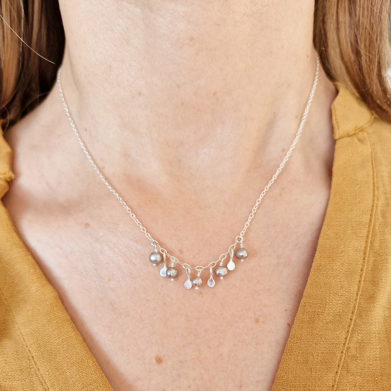 Silver & pearl confetti necklace