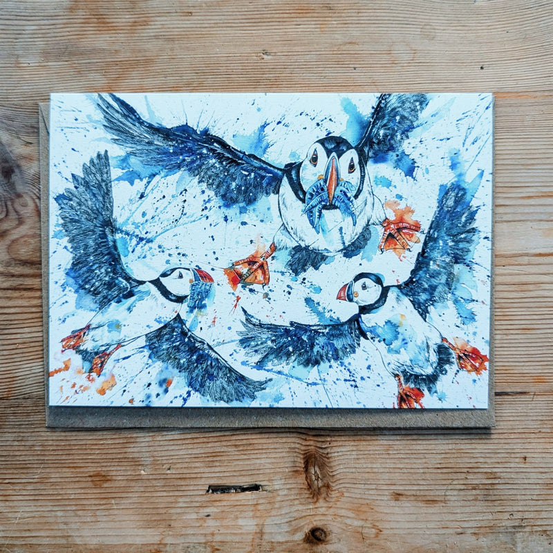 'Flying Circus' puffins watercolour card