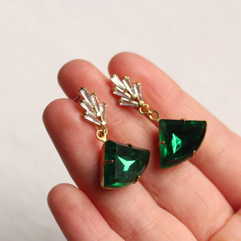 Emerald green & crystal Art Deco earrings