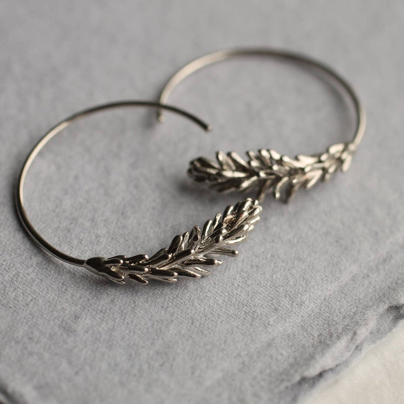 Rosemary Leaf plated brass hoop earrings - gold or silver