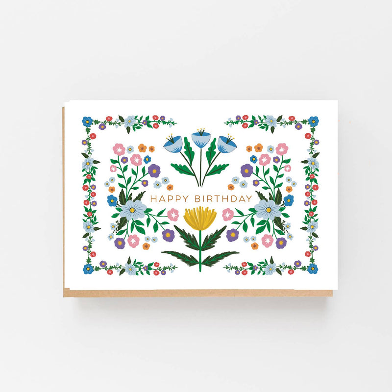Happy birthday white flowers folk style card