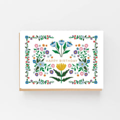 Happy birthday white flowers folk style card