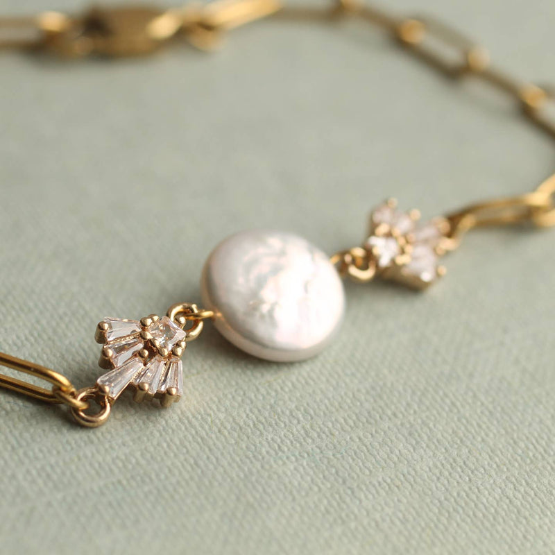 Gold brass Art Deco freshwater pearl bracelet