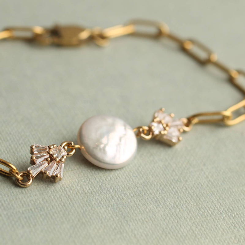 Gold brass Art Deco freshwater pearl bracelet