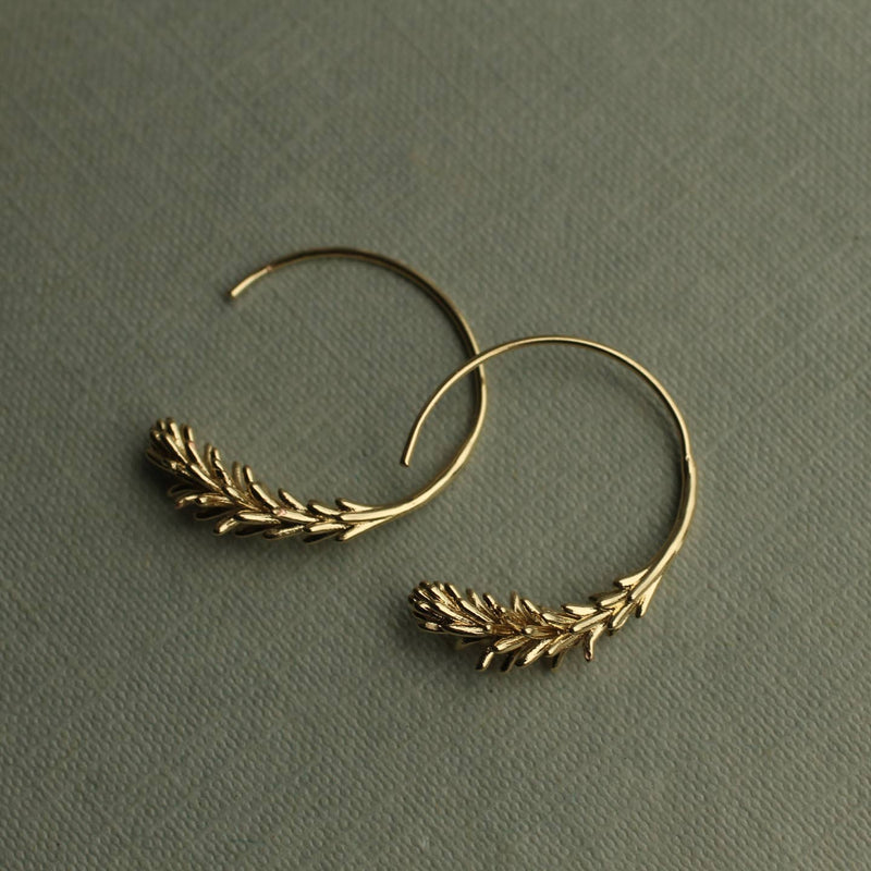 Rosemary Leaf plated brass hoop earrings - gold or silver