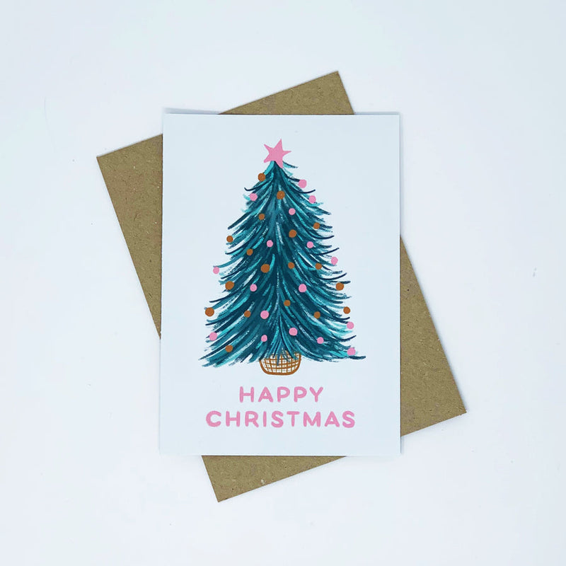 Happy Christmas tree with pink star card