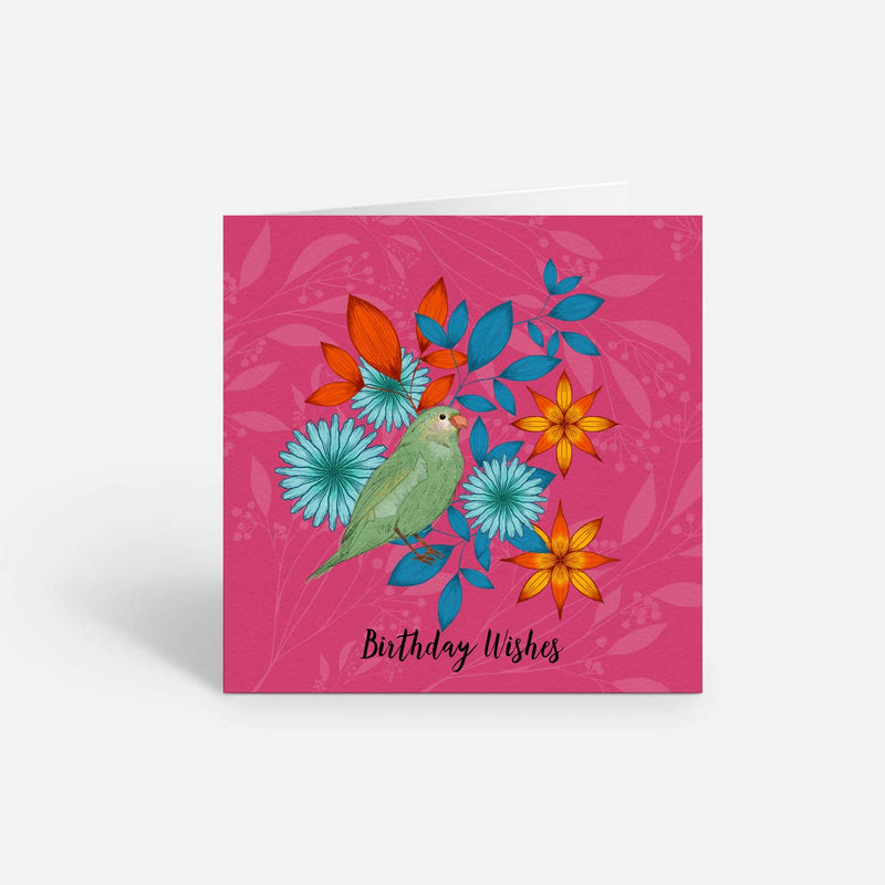 Birthday wishes green parakeet & flowers card