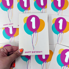 Age 1 happy birthday balloons card