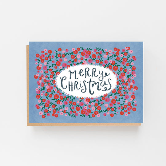 Pack of 8 Merry Christmas cards - red & pink berries
