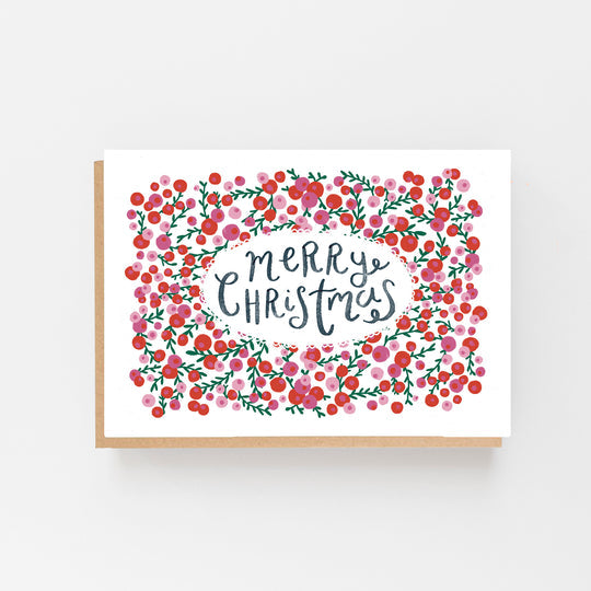 Pack of 8 Merry Christmas cards - red & pink berries