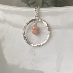 Sterling silver hoop necklace with pink opal