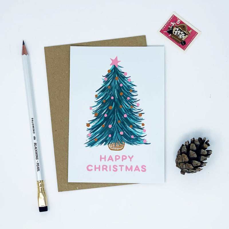 Happy Christmas tree with pink star card