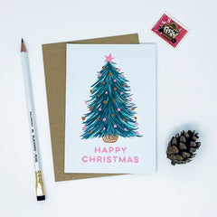 Happy Christmas tree with pink star card