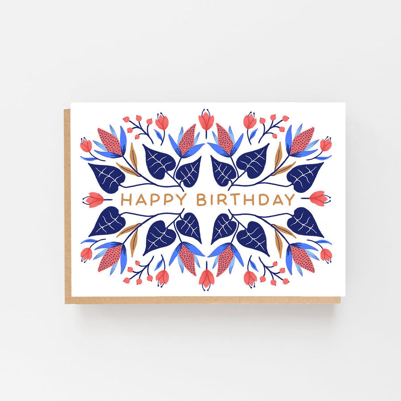 Happy birthday flower & leaf pattern card (blue & red)