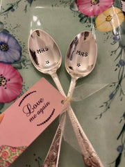 'Mrs & Mrs' hand stamped vintage teaspoons boxed set