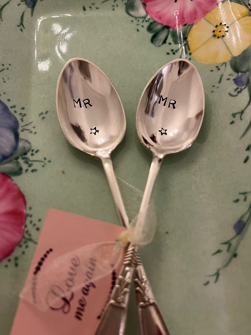 'Mr & Mr' hand stamped vintage teaspoons boxed set