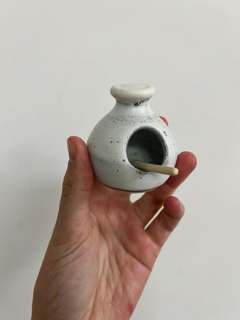 Small ceramic salt pig - light grey/blue speckled glaze