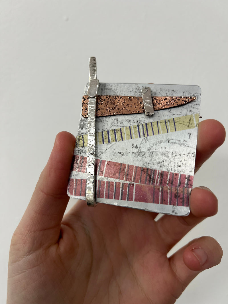 Large square unique aluminium, copper & sterling silver pin brooch