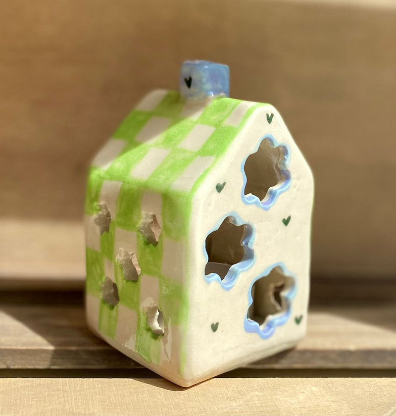 House tealight holder (small) - lime green chequered with flower cut-outs