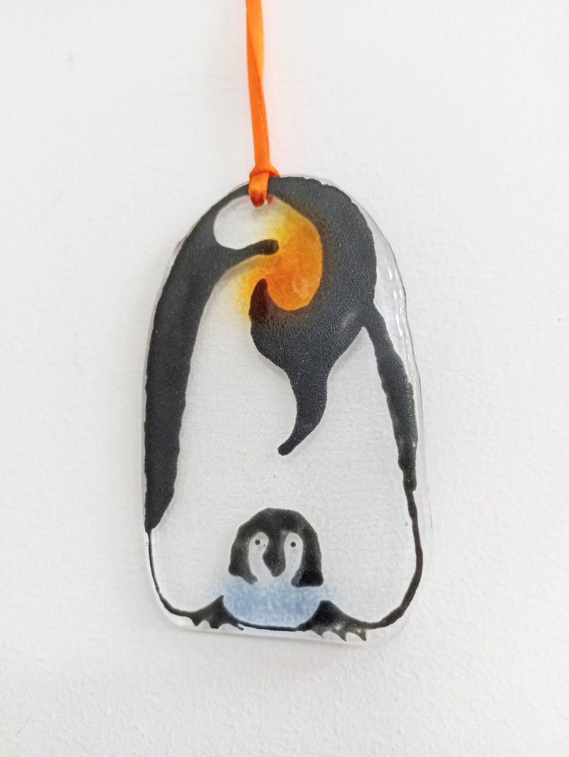 Fused glass hanging penguins