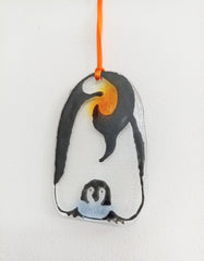 Fused glass hanging penguins