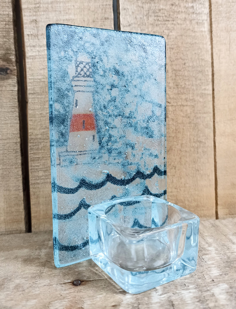 Fused glass lighthouse tealight holder