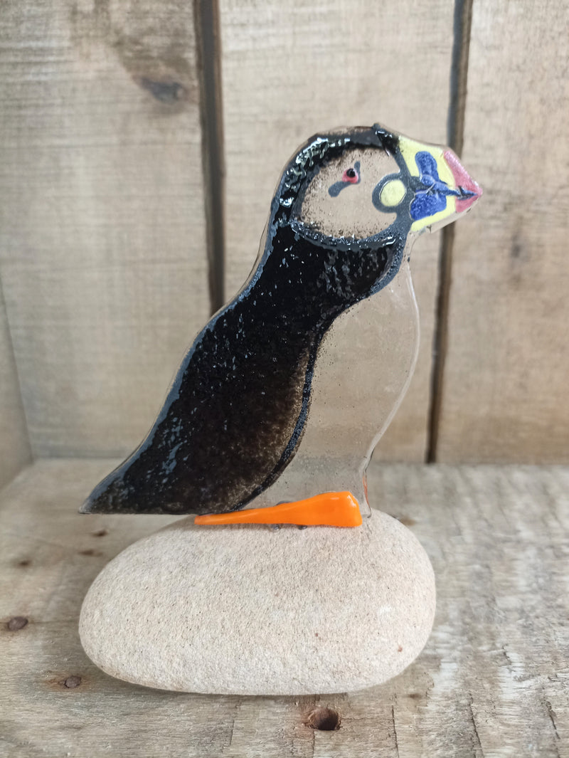 Fused glass puffin on a rock