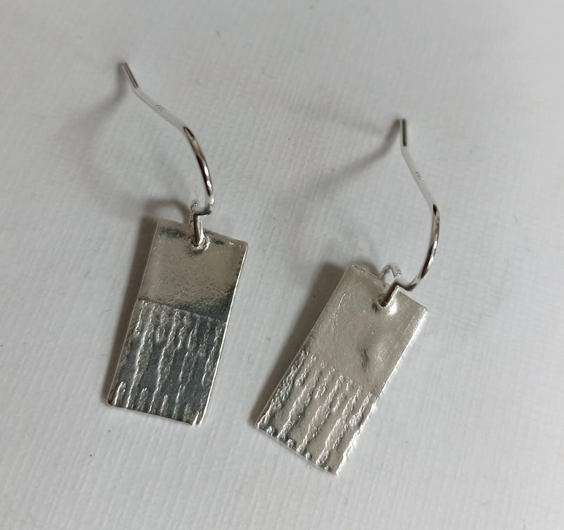 Fine silver half textured rectangular earrings
