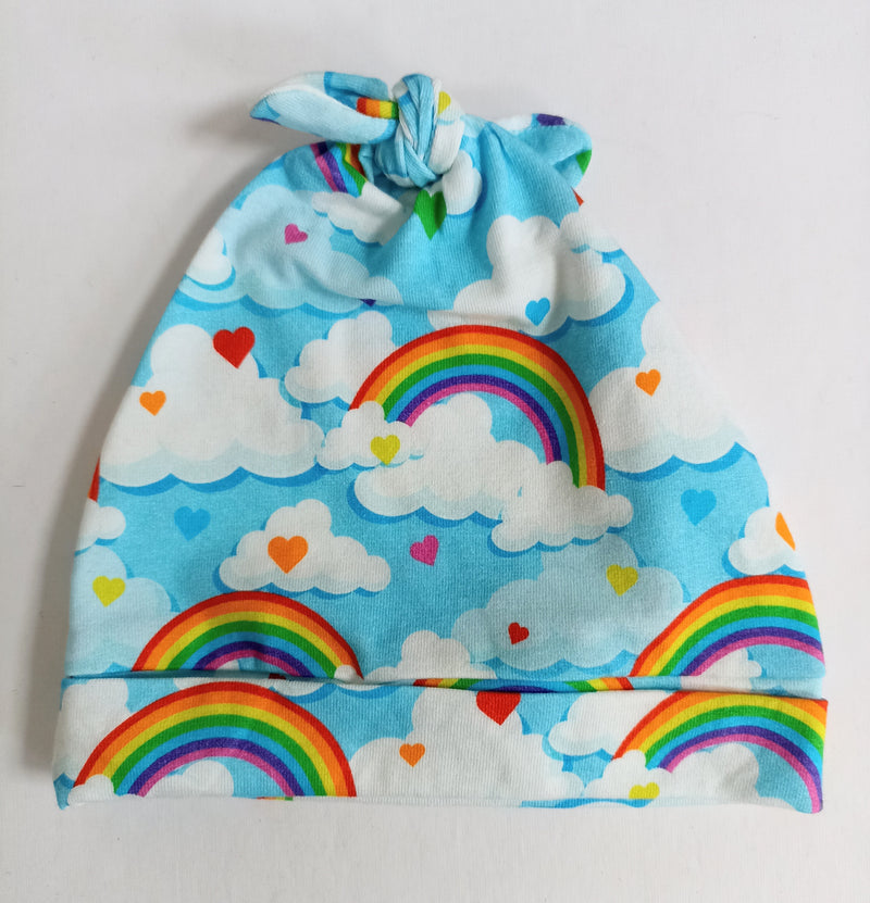 Baby knotted hat -  rainbows, clouds & hearts