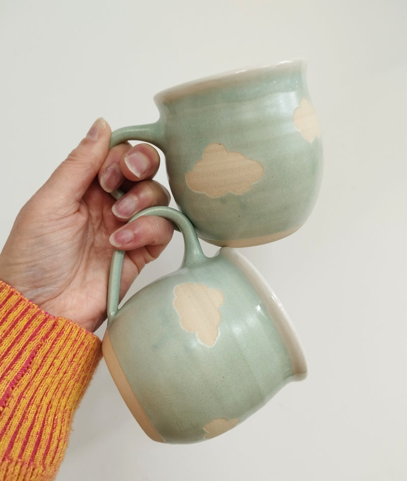 Hand thrown mug - clouds in the sky (blue or green)