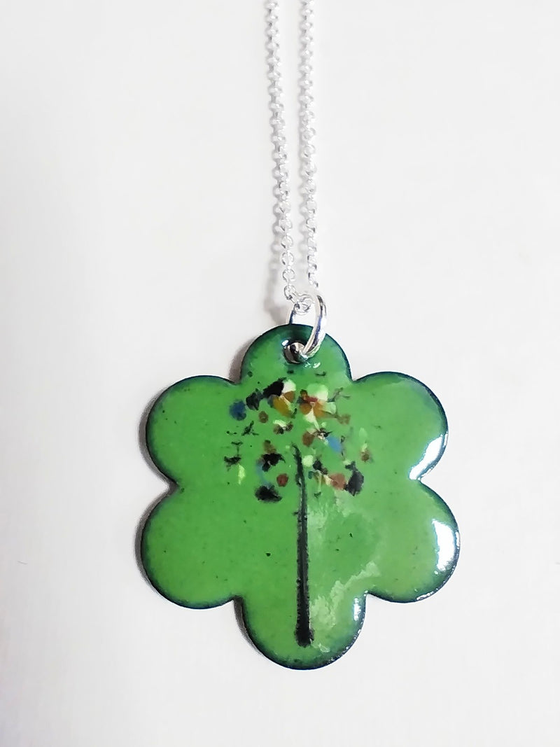 Abstract tree enamelled green flower necklace