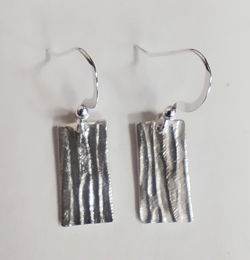 Fine silver bark textured rectangle earrings
