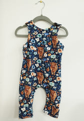 Romper suit - navy blue highland cow & flowers print (different sizes available)