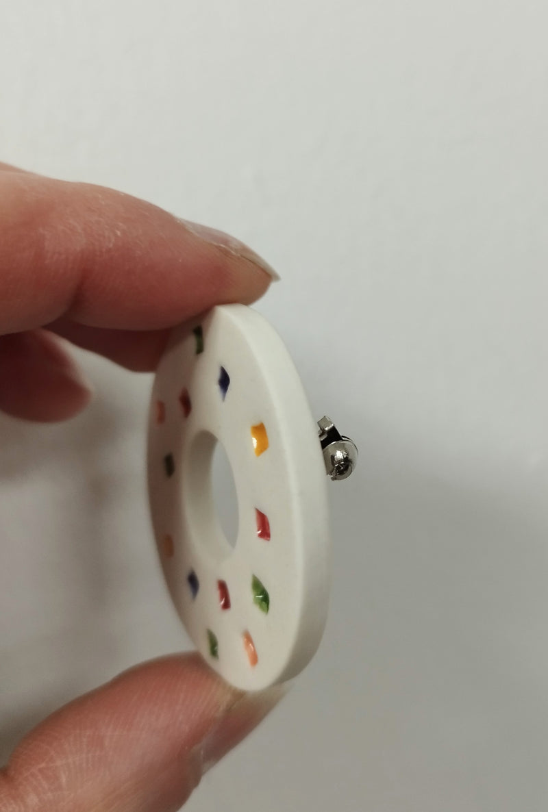 Ceramic brooch - white circle with colourful squares