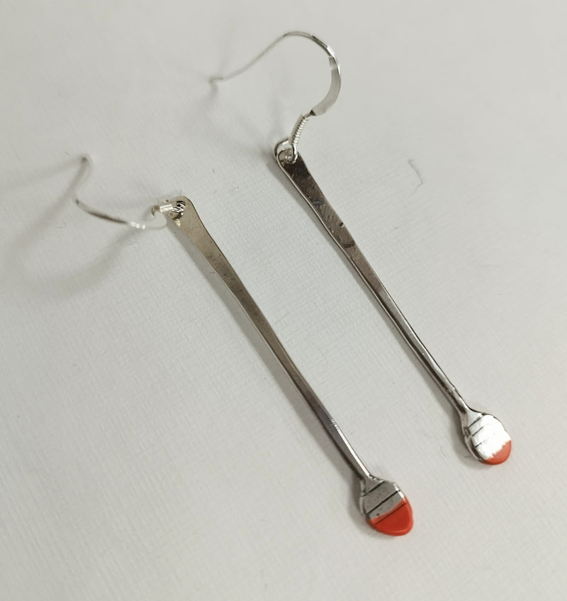 Sterling silver & orange rubber dipped stripey dot end drop earrings
