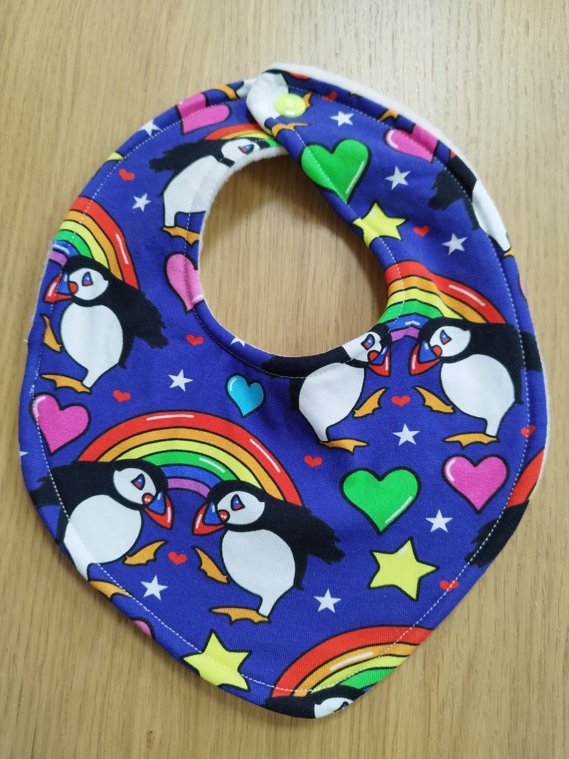 Dribble style bib - puffins with stars and rainbows