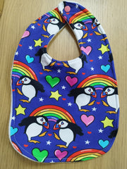 Traditional style bib - puffins with hearts & rainbows print