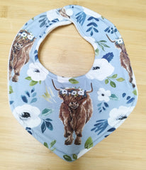 Dribble style bib - Highland cows and white flowers