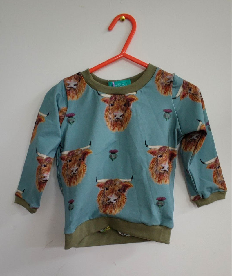 Long sleeved baby/child t-shirt - Highland Cows and thistles (6-12 months)