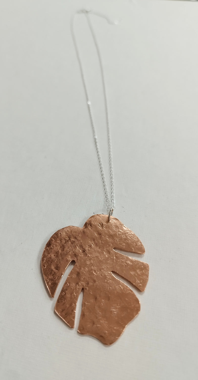 Large Monstera leaf hammered copper pendant