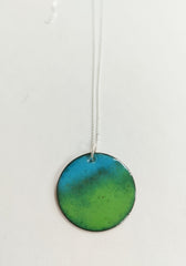 Enamelled green & blue ombre 'landscape' circle necklace