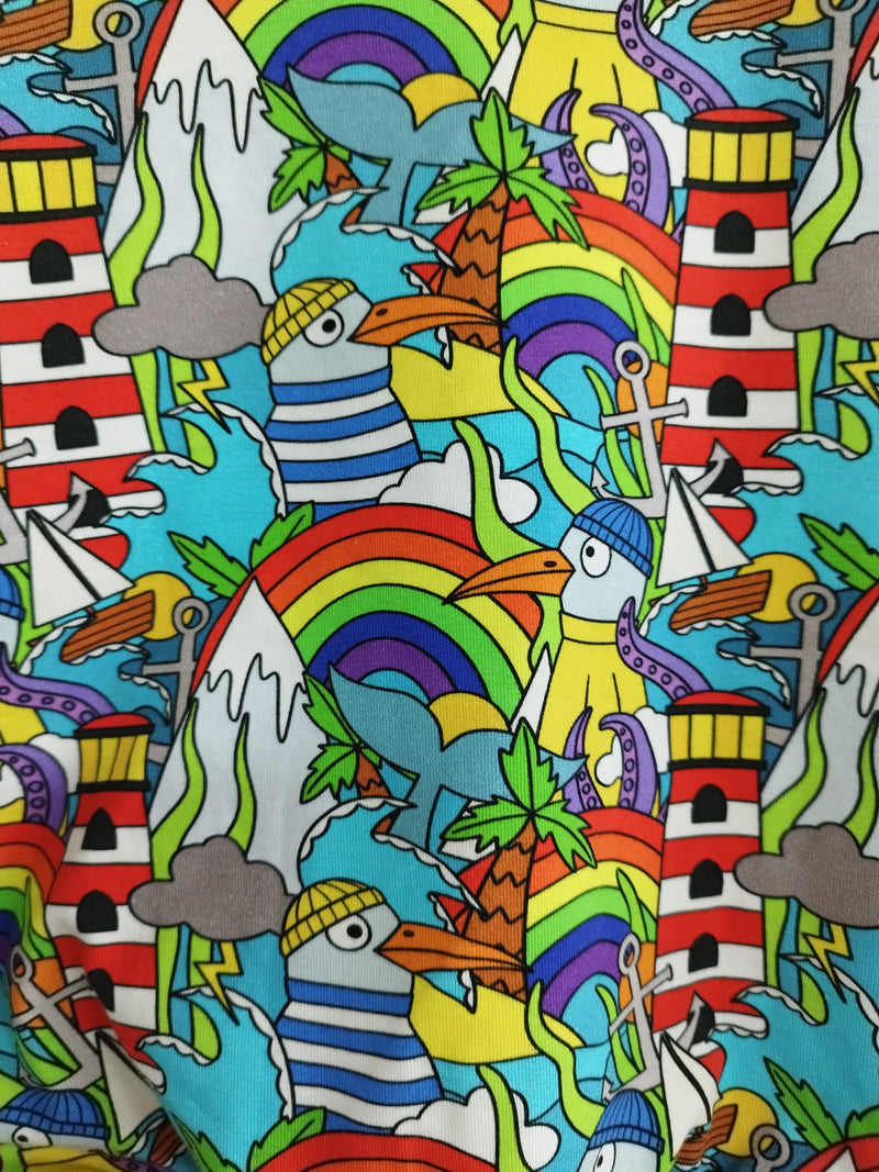 Long sleeved child t-shirt - bright seagulls in hats, lighthouses & rainbows print (12-18 months)